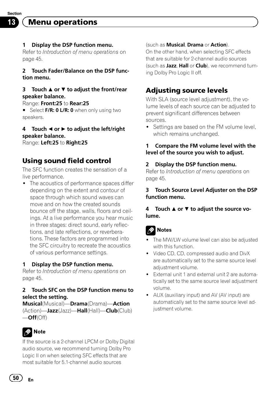 13 menu operations, Using sound field control, Adjusting source levels | Pioneer AVH-P4200DVD User Manual | Page 50 / 96