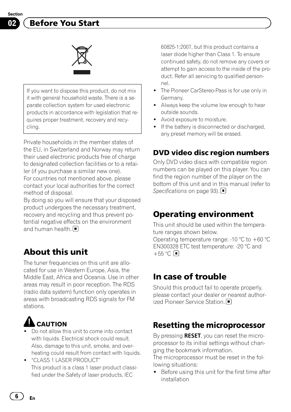 Dvd video disc region numbers 6, Before you start about this unit, Operating environment | In case of trouble, Resetting the microprocessor, About this unit, 02 before you start | Pioneer AVH-P4200DVD User Manual | Page 6 / 96
