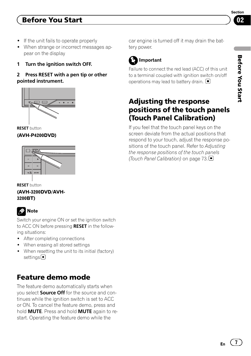 Feature demo mode, Adjusting the response positions of the, Touch panels (touch panel calibration) | Before you start | Pioneer AVH-P4200DVD User Manual | Page 7 / 96
