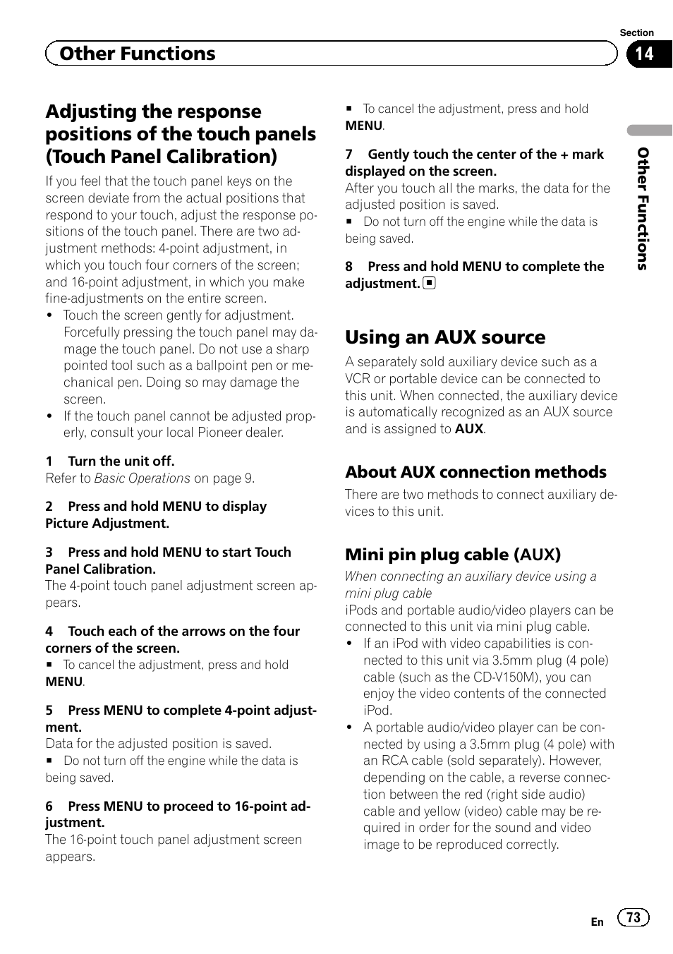 Adjusting the response positions of the, Touch panels (touch panel calibration), Using an aux source | Other functions | Pioneer AVH-P4200DVD User Manual | Page 73 / 96