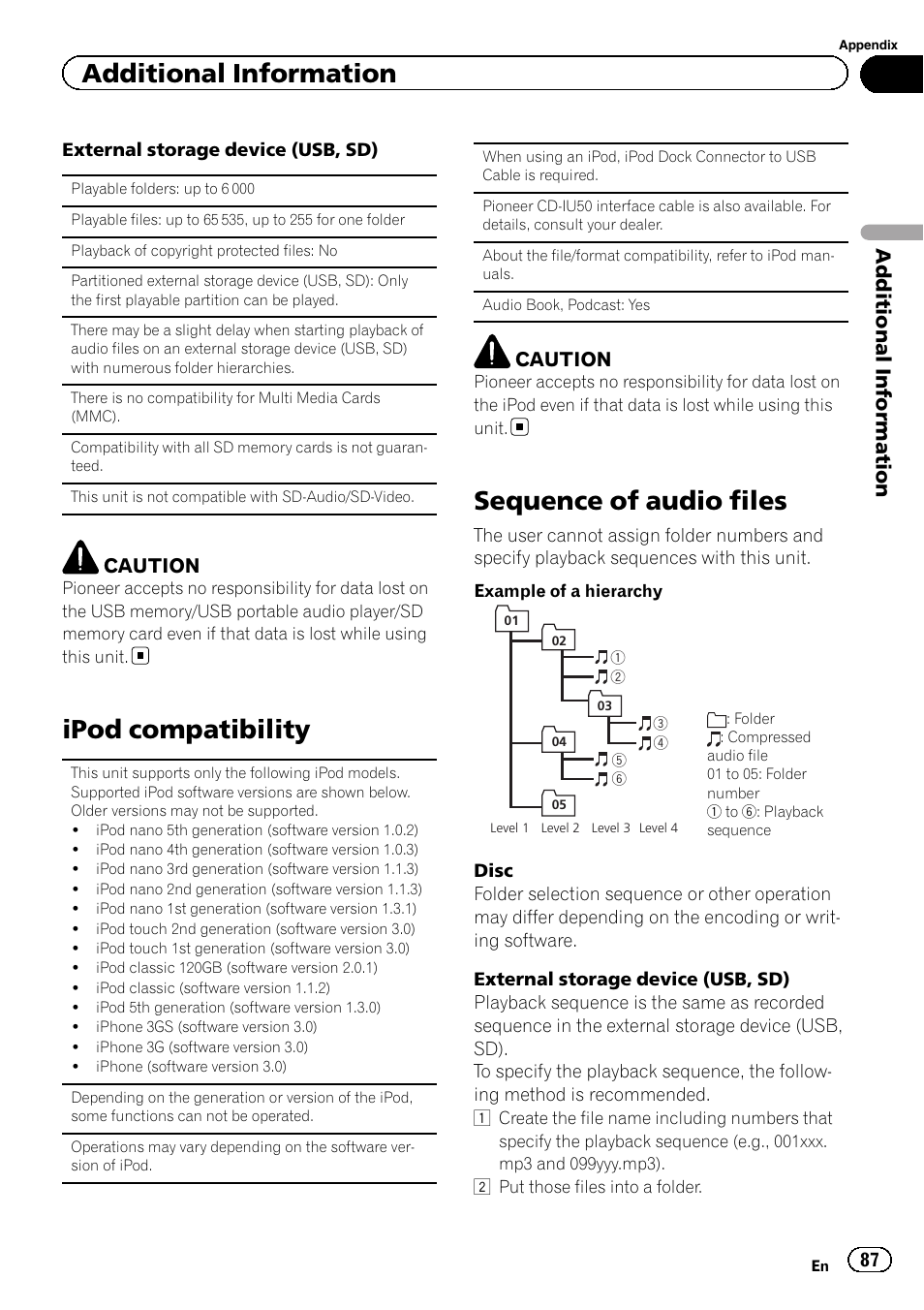 Ipod compatibility, Sequence of audio files, Additional information | Caution | Pioneer AVH-P4200DVD User Manual | Page 87 / 96