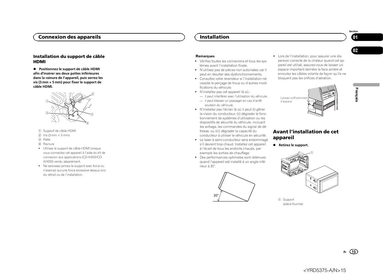 Avant l ’installation de cet appareil, Connexion des appareils, Installation | Pioneer AVH-X8500BT User Manual | Page 15 / 52