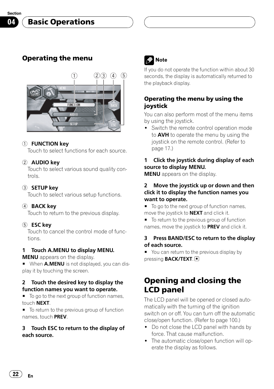 Opening and closing the lcd panel 22, Opening and closing the lcd panel, Basic operations | Operating the menu | Pioneer AVH-P6600DVD User Manual | Page 22 / 120