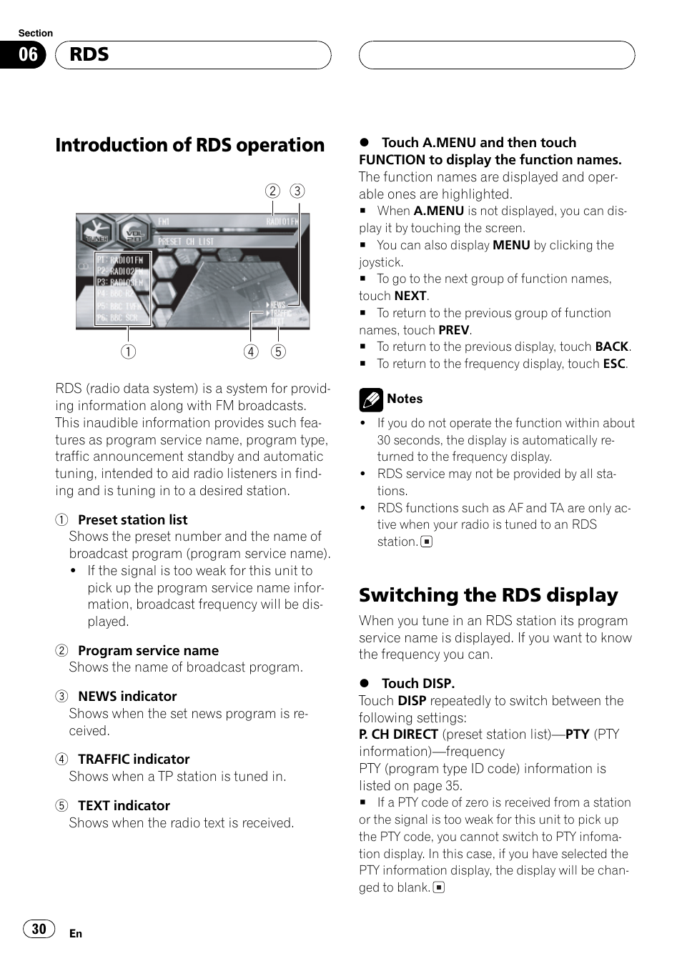 Introduction of rds operation, Switching the rds display | Pioneer AVH-P6600DVD User Manual | Page 30 / 120
