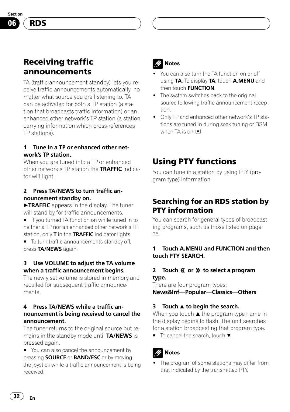 Receiving traffic announcements, Using pty functions, Searching for an rds station by pty information | Pioneer AVH-P6600DVD User Manual | Page 32 / 120