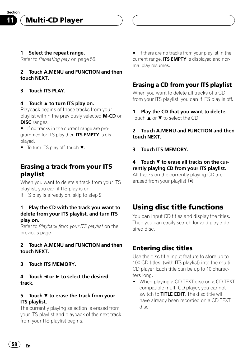 Using disc title functions 58, Using disc title functions, Multi-cd player | Erasing a track from your its playlist, Erasing a cd from your its playlist, Entering disc titles | Pioneer AVH-P6600DVD User Manual | Page 58 / 120