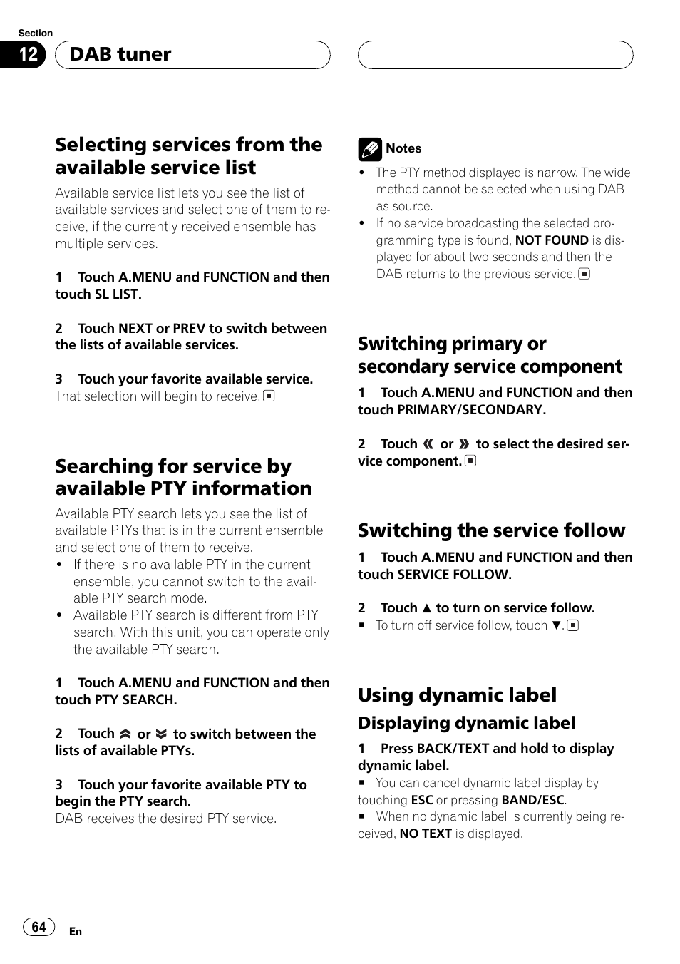 Selecting services from the available service, List 64, Searching for service by available pty | Information 64, Switching primary or secondary service, Component 64, Selecting services from the available service list, Searching for service by available pty information, Switching primary or secondary service component, Switching the service follow | Pioneer AVH-P6600DVD User Manual | Page 64 / 120