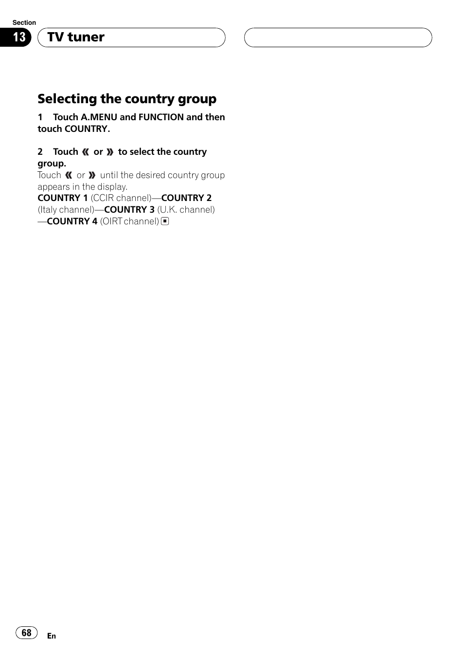 Selecting the country group 68, Selecting the country group, Tv tuner | Pioneer AVH-P6600DVD User Manual | Page 68 / 120