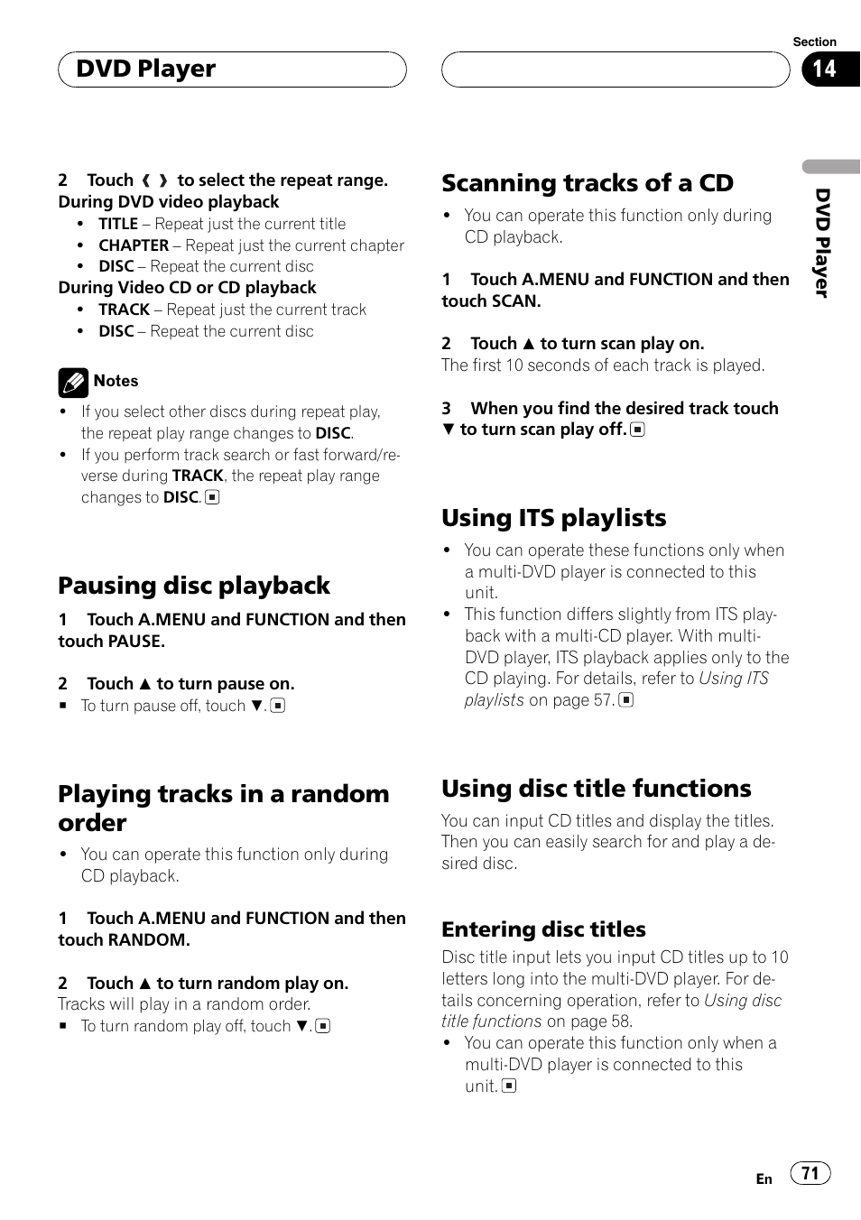 Pausing disc playback, Playing tracks in a random order, Scanning tracks of a cd | Using its playlists, Using disc title functions, Dvd player | Pioneer AVH-P6600DVD User Manual | Page 71 / 120