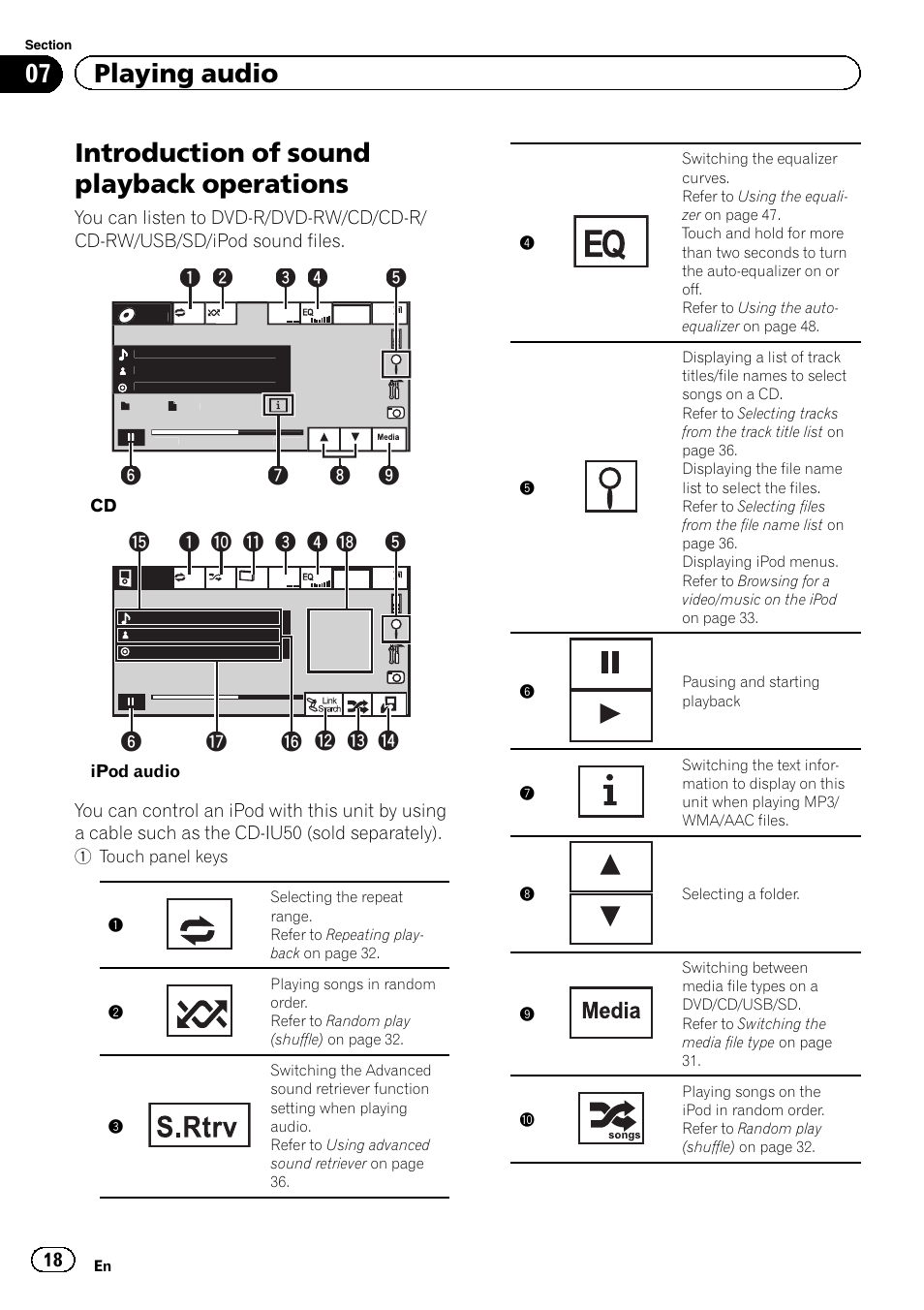 Playing audio introduction of sound playback, Operations, Introduction of sound playback operations | 07 playing audio | Pioneer AVH-P4200DVD User Manual | Page 18 / 96