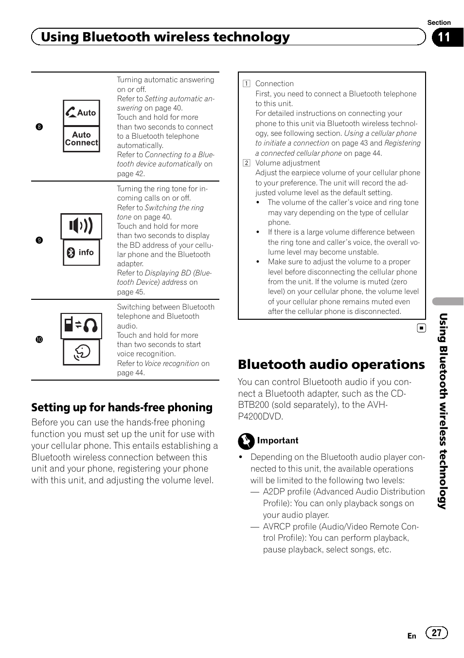Bluetooth audio operations, Using bluetooth wireless technology, Setting up for hands-free phoning | Pioneer AVH-P4200DVD User Manual | Page 27 / 96