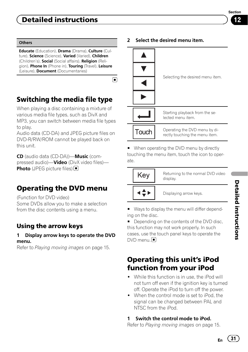 Switching the media file type, Operating the dvd menu, Operating this unit | S ipod function from your, Ipod, S ipod function from, Detailed instructions, Using the arrow keys | Pioneer AVH-P4200DVD User Manual | Page 31 / 96