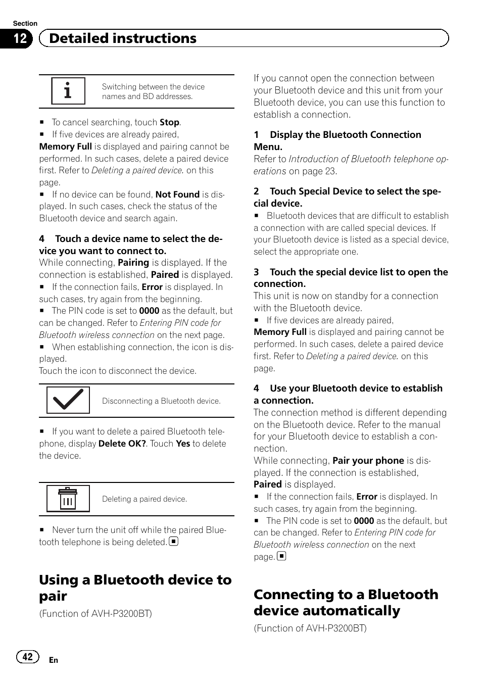 Using a bluetooth device to pair, Connecting to a bluetooth device, Automatically | Connecting to a bluetooth device automatically, 12 detailed instructions | Pioneer AVH-P4200DVD User Manual | Page 42 / 96