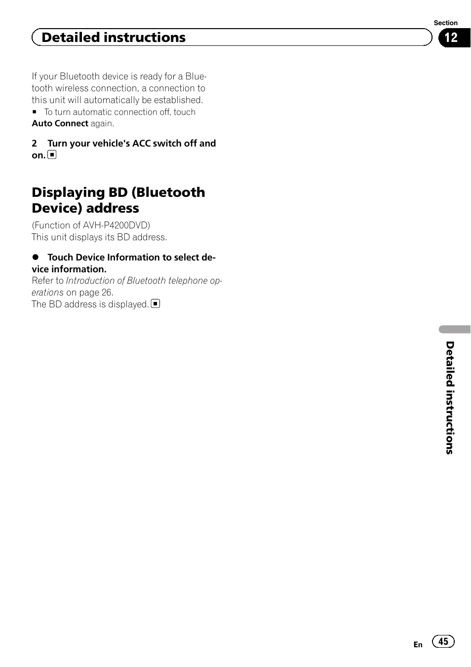 Displaying bd (bluetooth device), Address, Displaying bd (bluetooth device) address | Detailed instructions | Pioneer AVH-P4200DVD User Manual | Page 45 / 96