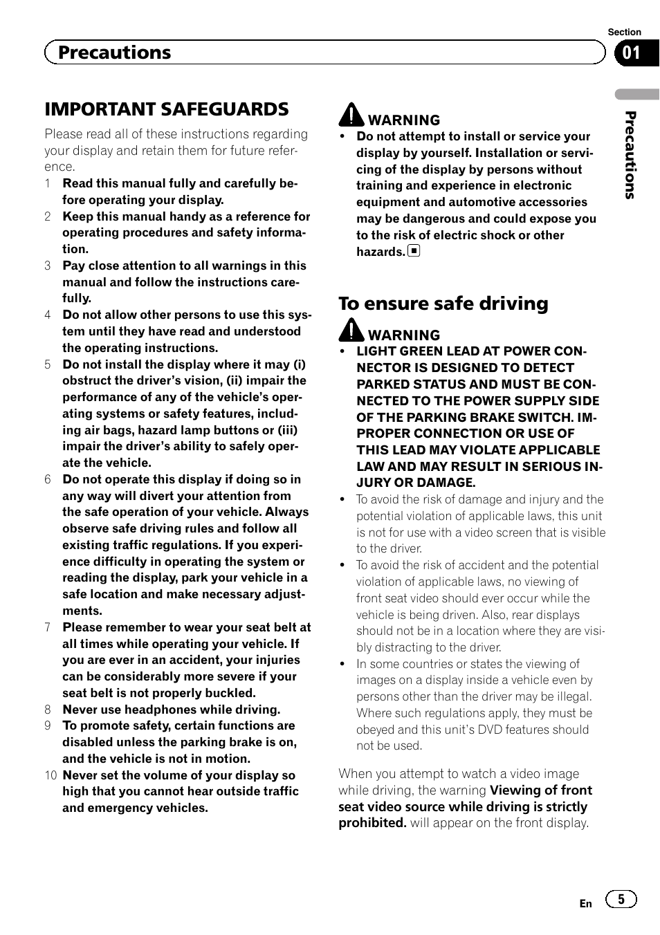 Precautions important safeguards, To ensure safe driving, Important safeguards | Precautions | Pioneer AVH-P4200DVD User Manual | Page 5 / 96