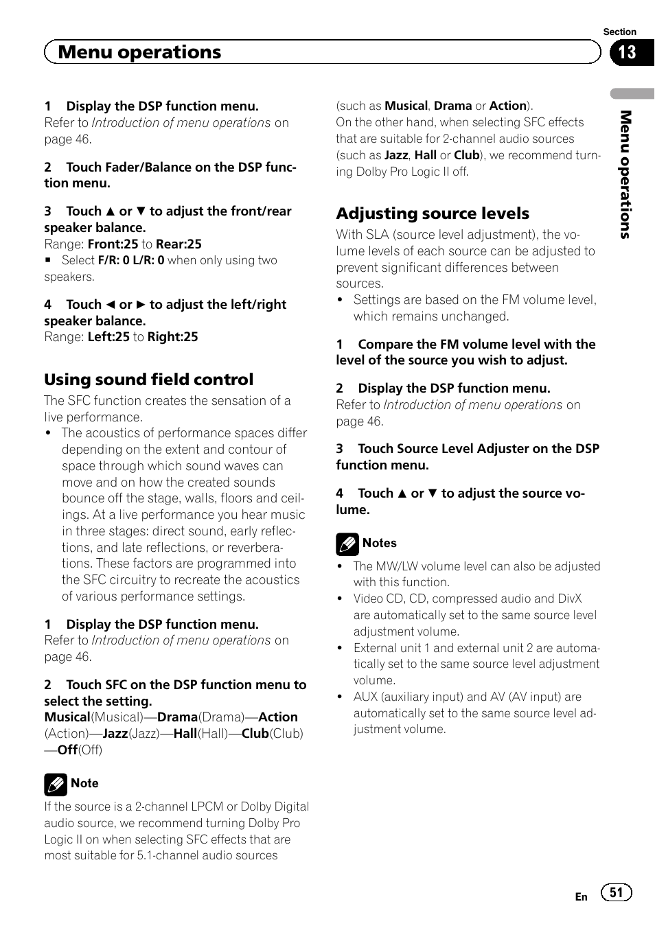 Menu operations, Using sound field control, Adjusting source levels | Pioneer AVH-P4200DVD User Manual | Page 51 / 96