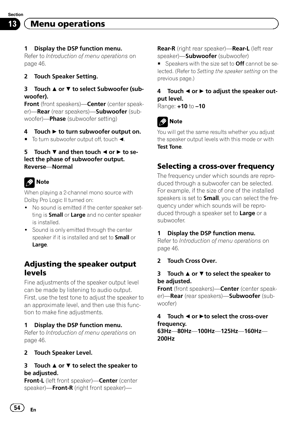 Selecting a cross-over frequency, Adjusting the speaker output levels, 13 menu operations | Pioneer AVH-P4200DVD User Manual | Page 54 / 96