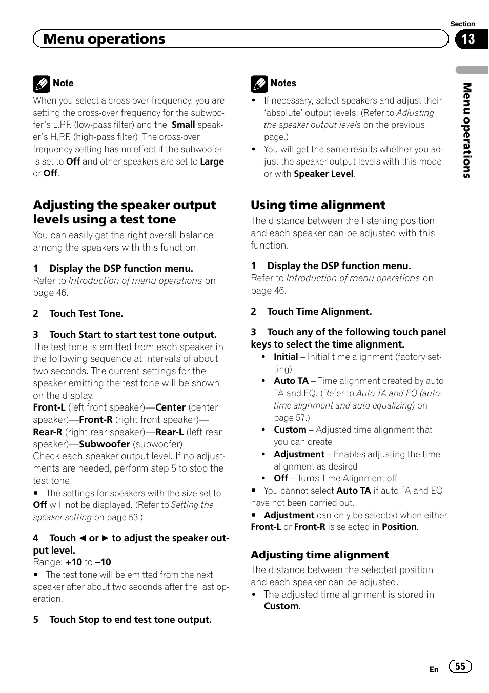 Adjusting time alignment, Menu operations, Using time alignment | Pioneer AVH-P4200DVD User Manual | Page 55 / 96