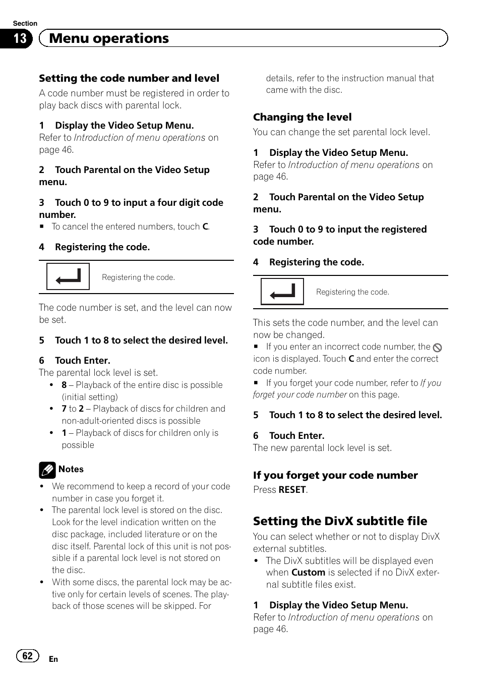 13 menu operations, Setting the divx subtitle file | Pioneer AVH-P4200DVD User Manual | Page 62 / 96