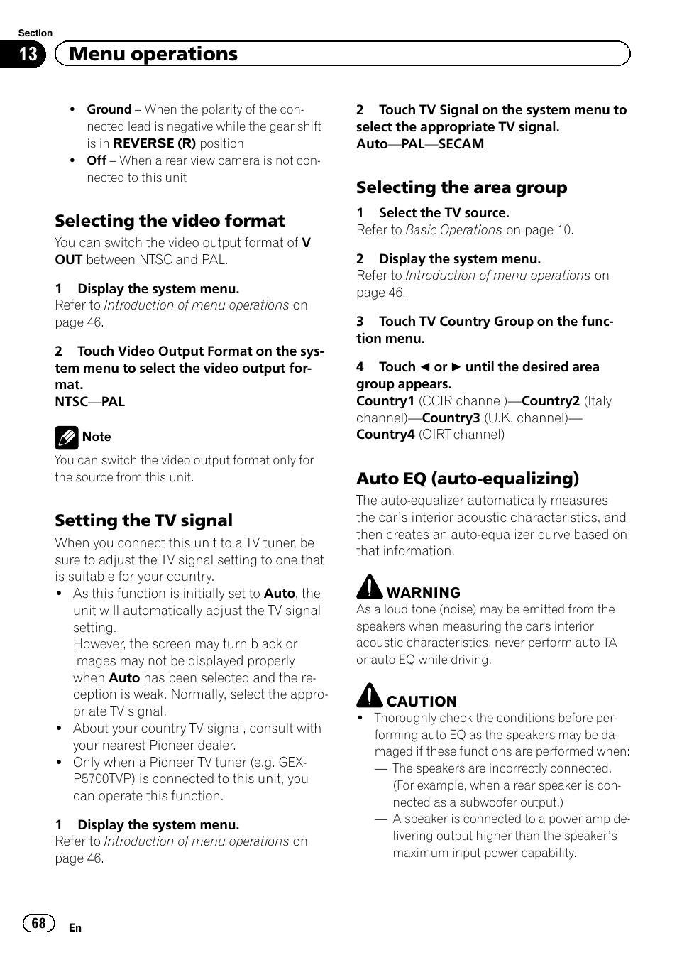 13 menu operations, Selecting the video format, Setting the tv signal | Selecting the area group, Auto eq (auto-equalizing) | Pioneer AVH-P4200DVD User Manual | Page 68 / 96