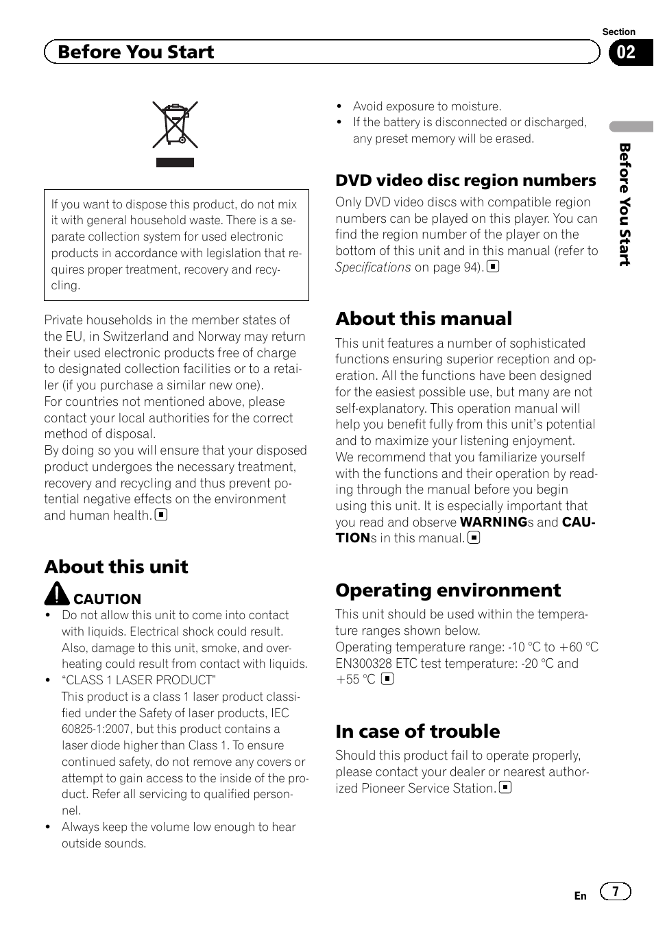 Dvd video disc region numbers 7, Before you start about this unit, About this manual | Operating environment, In case of trouble, About this unit, Before you start | Pioneer AVH-P4200DVD User Manual | Page 7 / 96