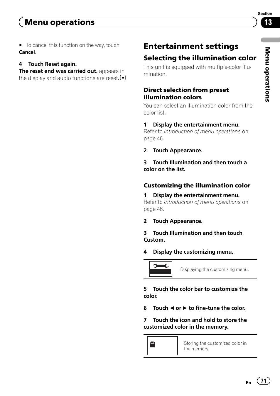 Entertainment settings, Menu operations, Selecting the illumination color | Pioneer AVH-P4200DVD User Manual | Page 71 / 96