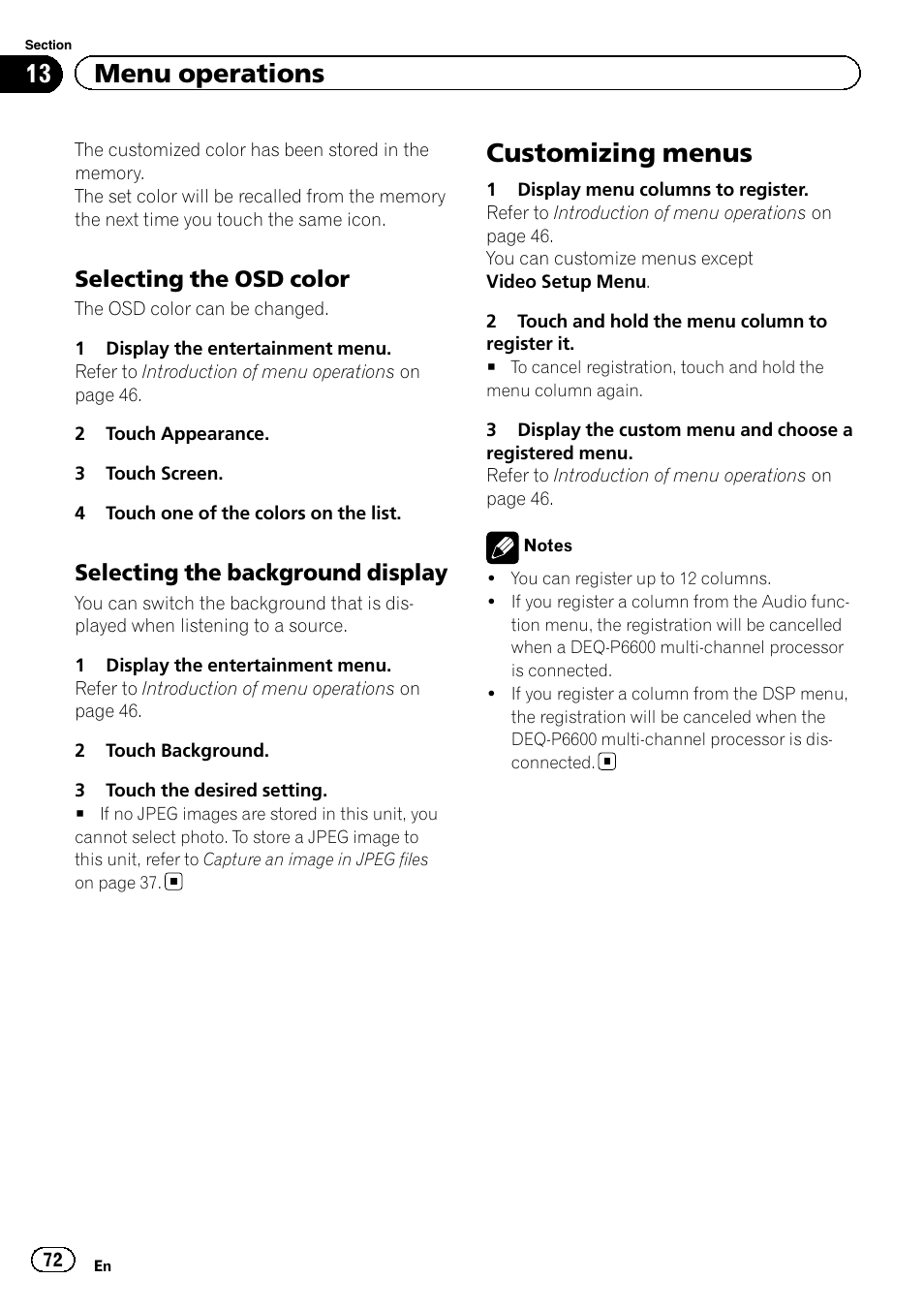 Customizing menus, 13 menu operations, Selecting the osd color | Selecting the background display | Pioneer AVH-P4200DVD User Manual | Page 72 / 96