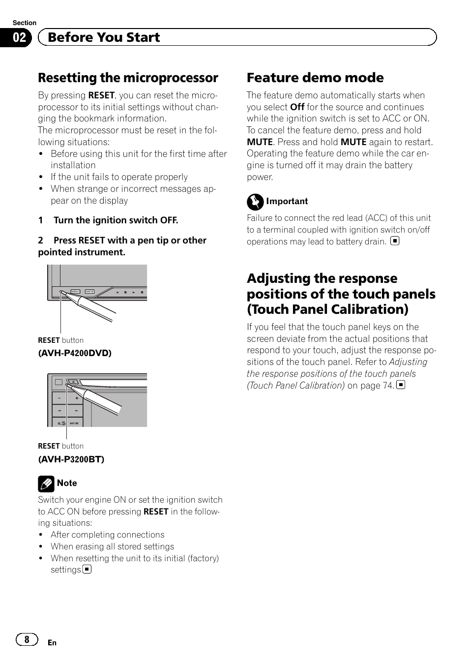 Resetting the microprocessor, Feature demo mode, Adjusting the response positions of the | Touch panels (touch panel calibration), 02 before you start | Pioneer AVH-P4200DVD User Manual | Page 8 / 96