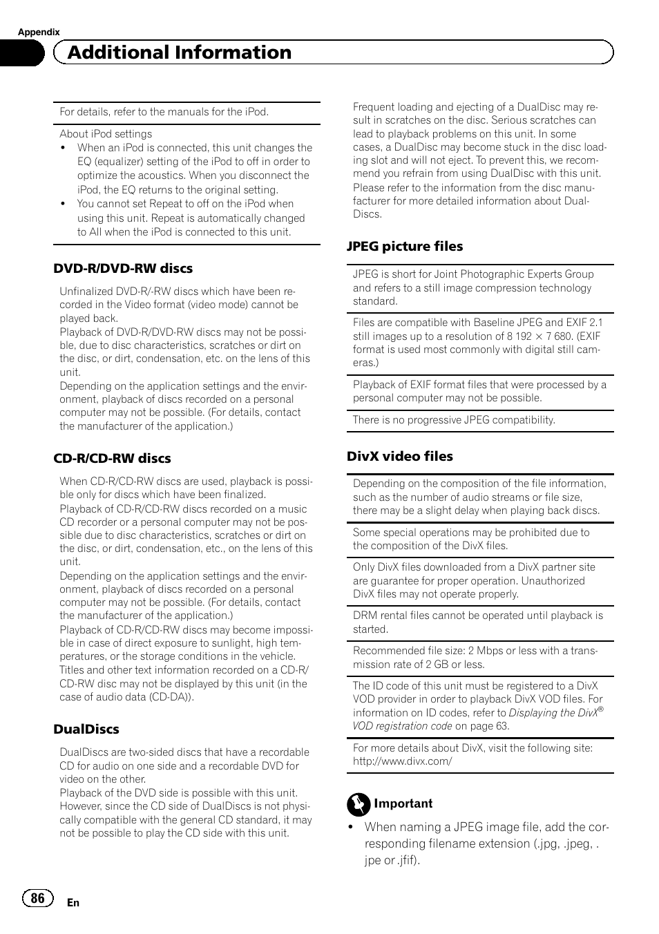 Additional information | Pioneer AVH-P4200DVD User Manual | Page 86 / 96
