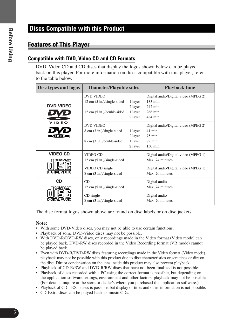 Discs compatible with this product, Features of this player, Compatible with dvd, video cd and cd formats | 7before using | Pioneer AVX-P7300DVD User Manual | Page 12 / 80