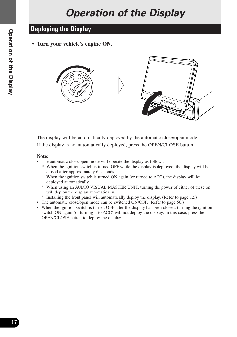 Operation of the display, Deploying the display | Pioneer AVX-P7300DVD User Manual | Page 22 / 80