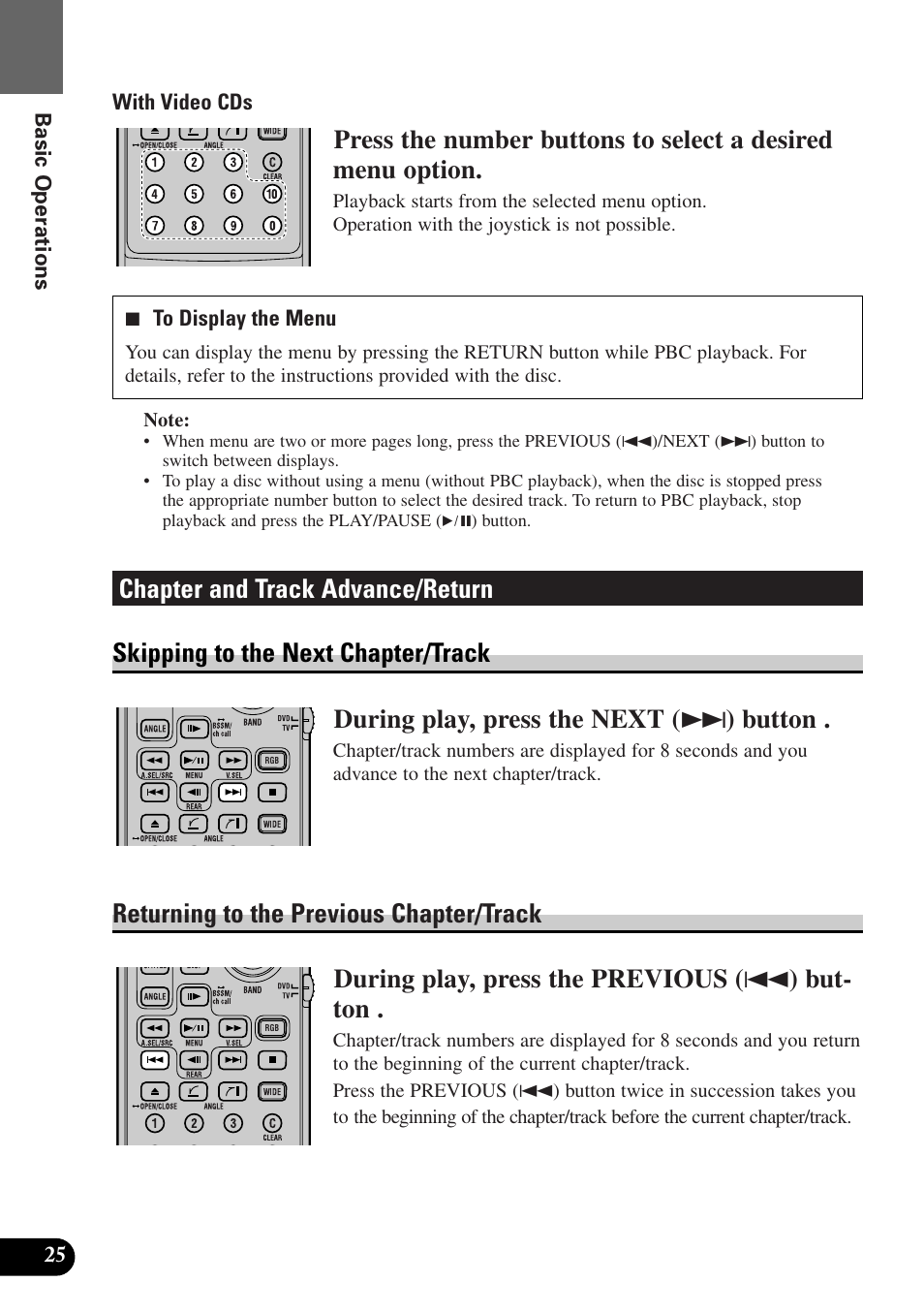 Chapter and track advance/return, Skipping to the next chapter/track, Returning to the previous chapter/track | 25 with video cds, 7 to display the menu, Basic operations | Pioneer AVX-P7300DVD User Manual | Page 30 / 80