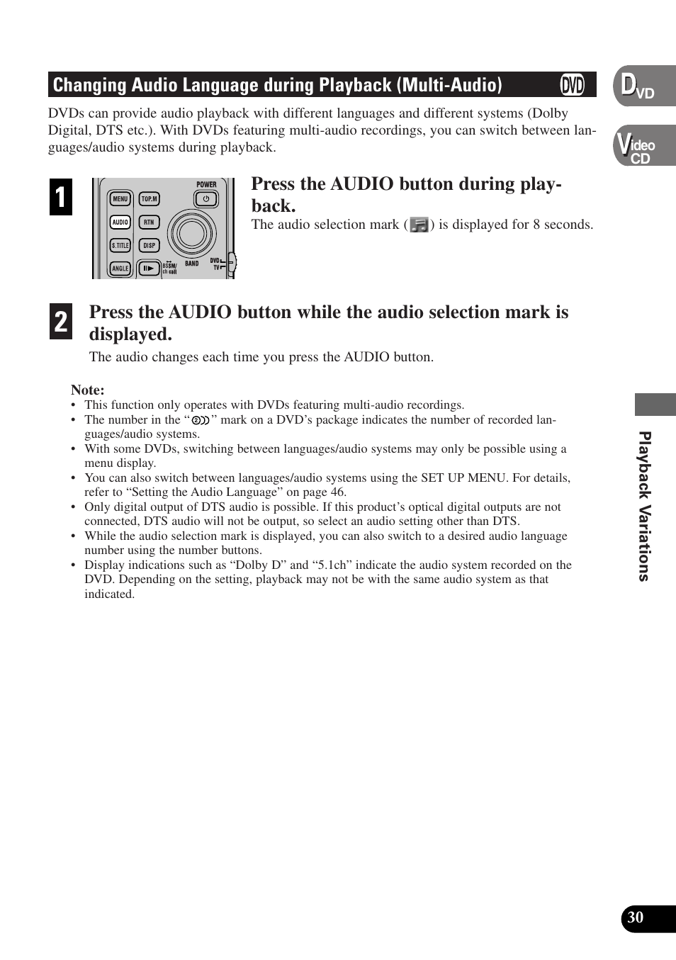 Changing audio language, During playback (multi-audio), Press the audio button during play- back | Playback v ariations | Pioneer AVX-P7300DVD User Manual | Page 35 / 80