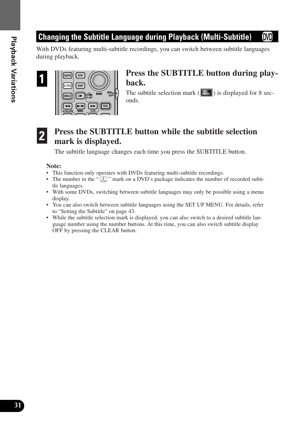 Changing the subtitle language, During playback (multi-subtitle), Press the subtitle button during play- back | Playback v ariations | Pioneer AVX-P7300DVD User Manual | Page 36 / 80