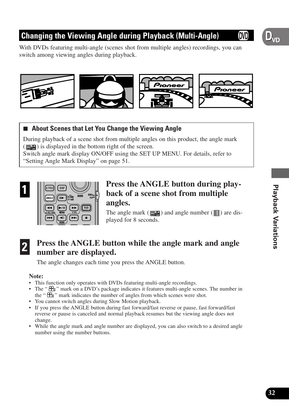 Changing the viewing angle, During playback (multi-angle), Playback v ariations | Pioneer AVX-P7300DVD User Manual | Page 37 / 80