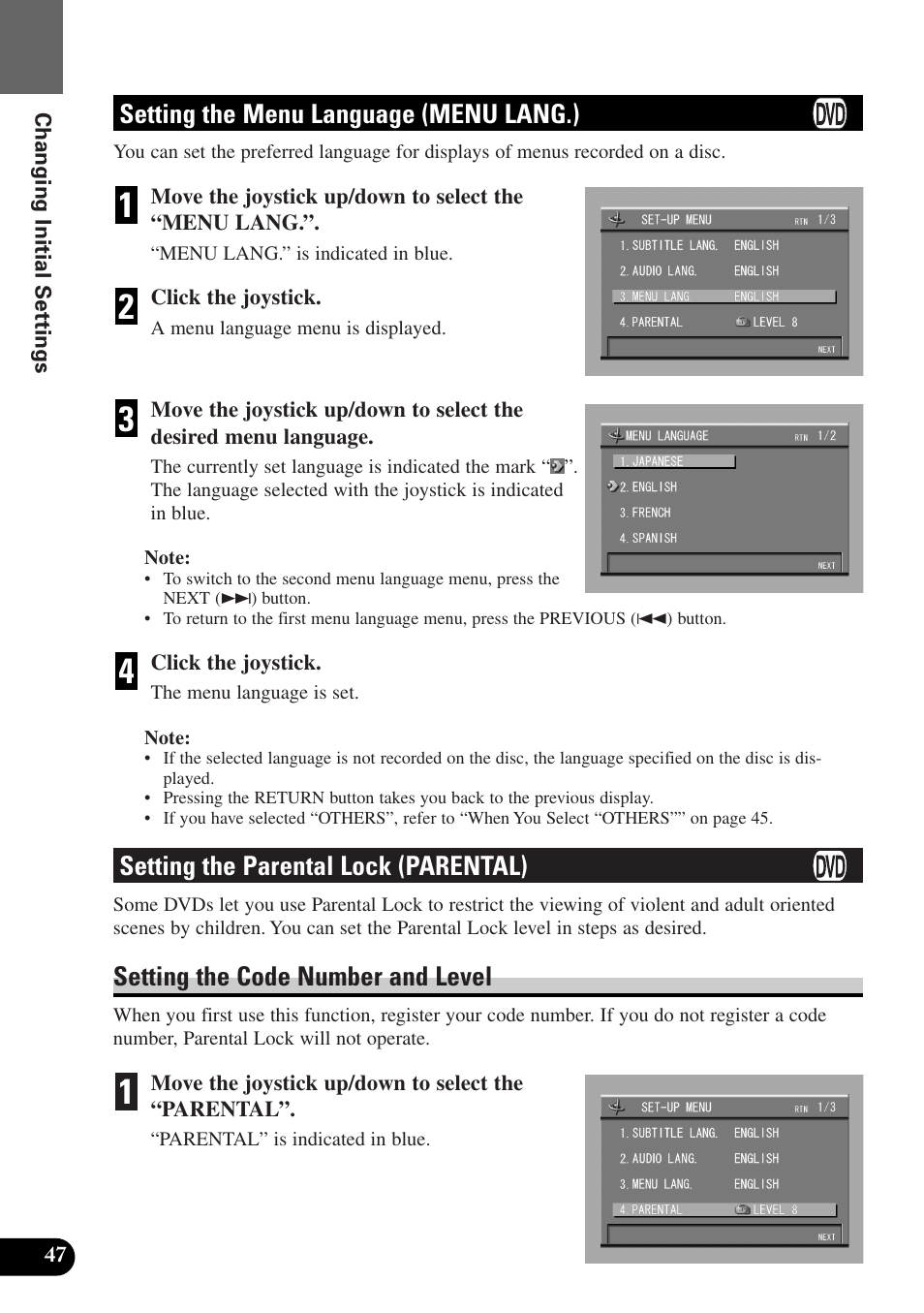 Setting the menu language, Menu lang.), Setting the parental lock (parental) | Setting the code number and level, Setting the menu language (menu lang.) | Pioneer AVX-P7300DVD User Manual | Page 52 / 80