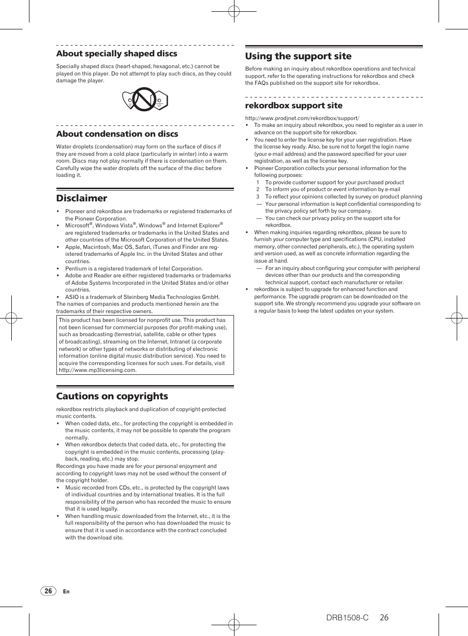 Disclaimer, Cautions on copyrights, Using the support site | Drb1508-c, 26 about specially shaped discs, About condensation on discs, Rekordbox support site | Pioneer CDJ-350 User Manual | Page 26 / 84