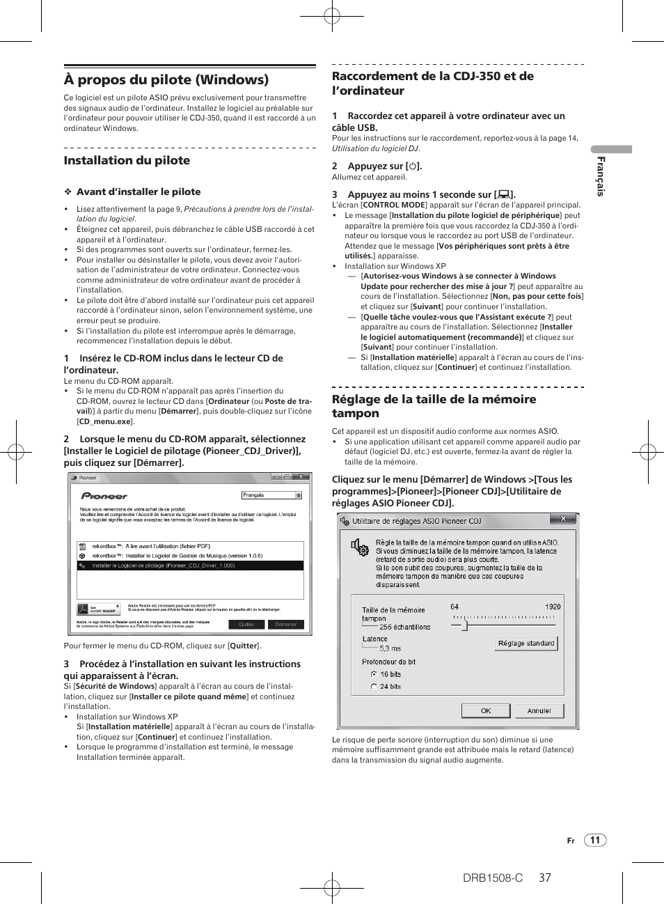 À propos du pilote (windows), Drb1508-c, Installation du pilote | Raccordement de la cdj-350 et de l’ordinateur, Réglage de la taille de la mémoire tampon | Pioneer CDJ-350 User Manual | Page 37 / 84