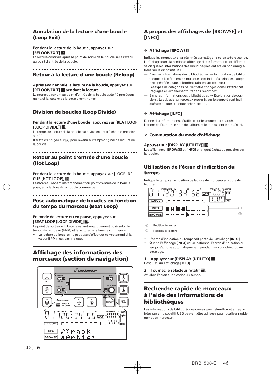 Drb1508-c, Retour à la lecture d’une boucle (reloop), Division de boucles (loop divide) | Retour au point d’entrée d’une boucle (hot loop), À propos des affichages de [browse] et [info, Utilisation de l’écran d’indication du temps | Pioneer CDJ-350 User Manual | Page 46 / 84