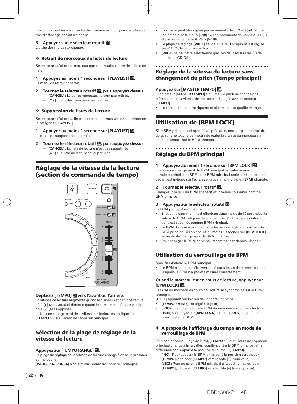Utilisation de [bpm lock, Drb1508-c, Réglage du bpm principal | Utilisation du verrouillage du bpm | Pioneer CDJ-350 User Manual | Page 48 / 84