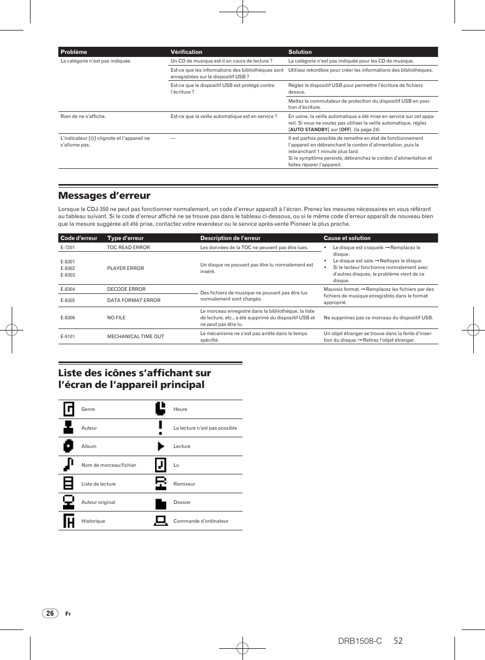 Messages d’erreur, Drb1508-c | Pioneer CDJ-350 User Manual | Page 52 / 84