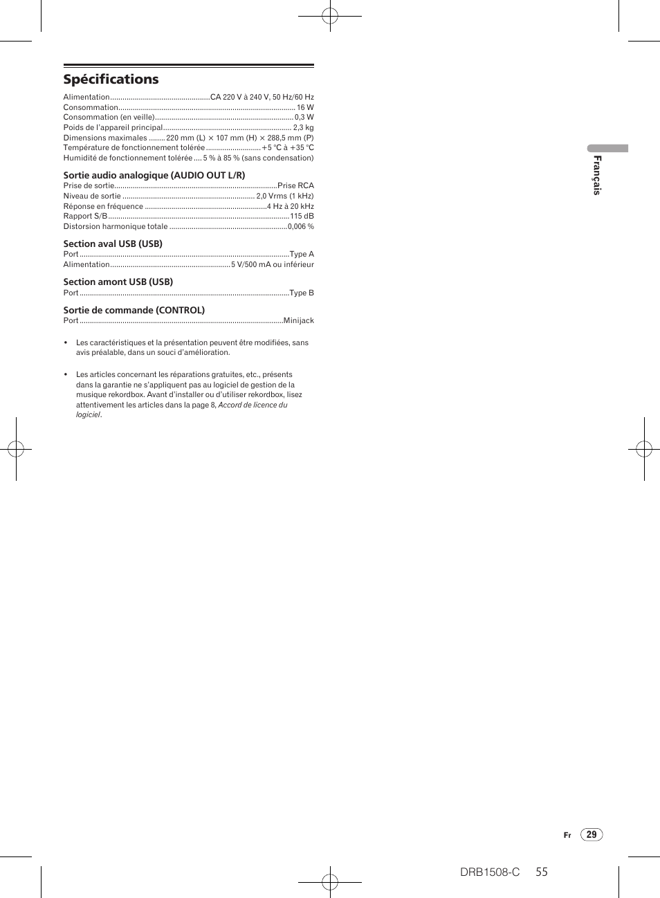 Spécifications | Pioneer CDJ-350 User Manual | Page 55 / 84