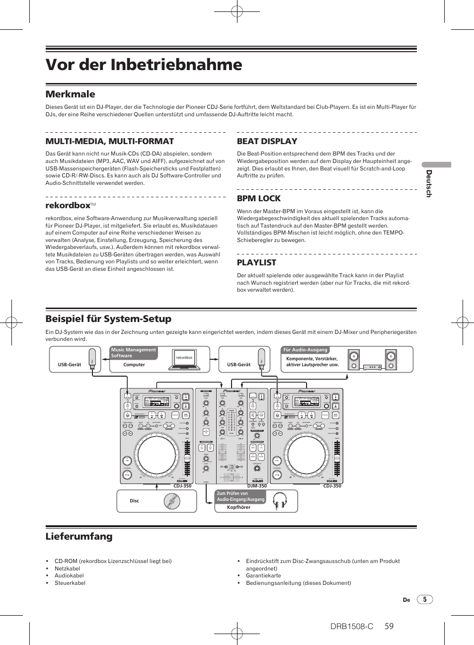 Vor der inbetriebnahme, Merkmale beispiel für system-setup lieferumfang, Merkmale | Beispiel für system-setup, Lieferumfang, Drb1508-c, Multi-media, multi-format, Rekordbox, Beat display, Bpm lock | Pioneer CDJ-350 User Manual | Page 59 / 84