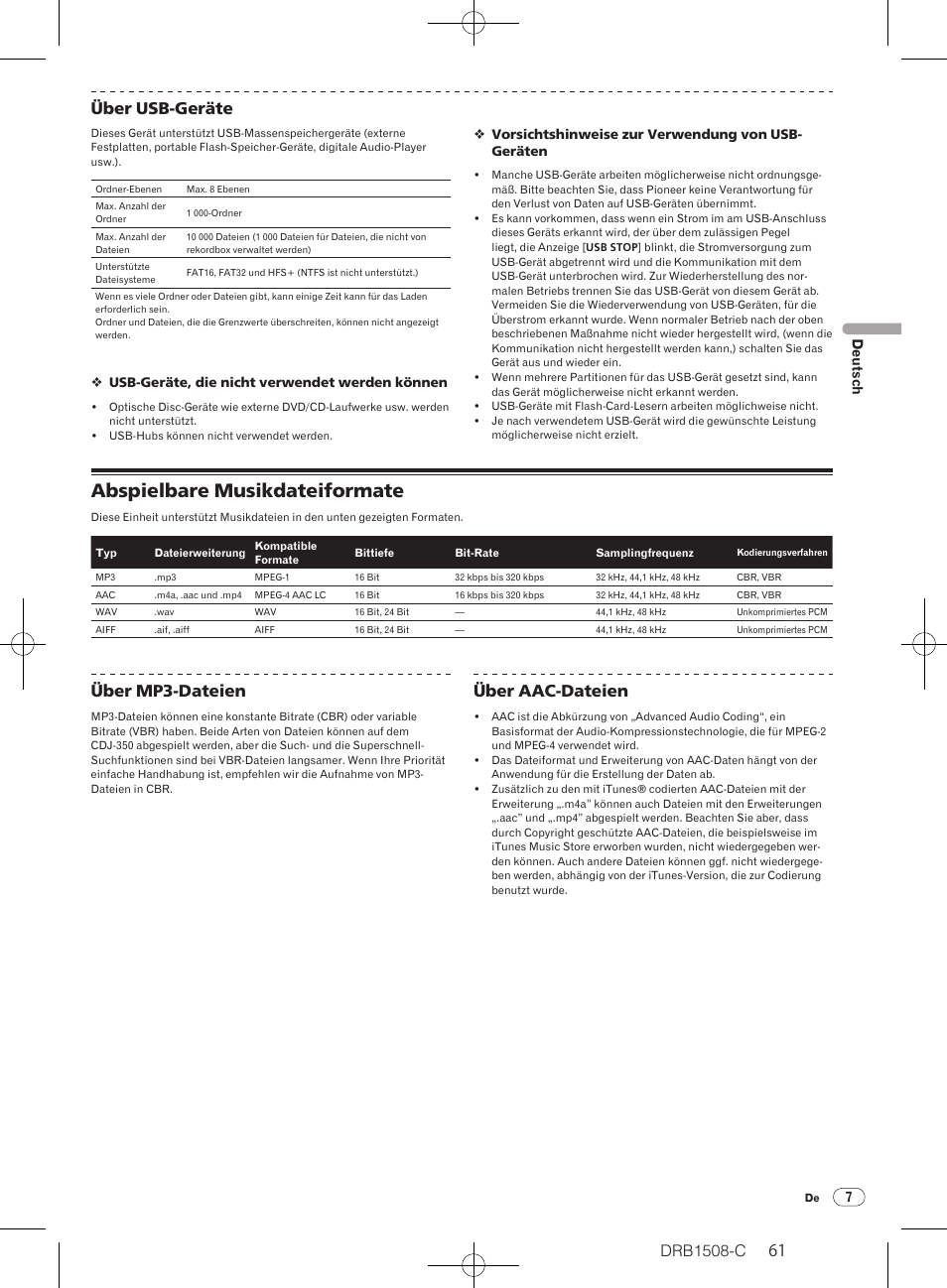 Abspielbare musikdateiformate, Drb1508-c, 61 60 über usb-geräte | Über mp3-dateien, Über aac-dateien | Pioneer CDJ-350 User Manual | Page 61 / 84