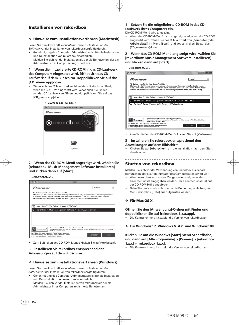 Drb1508-c, 64 installieren von rekordbox, Starten von rekordbox | Pioneer CDJ-350 User Manual | Page 64 / 84