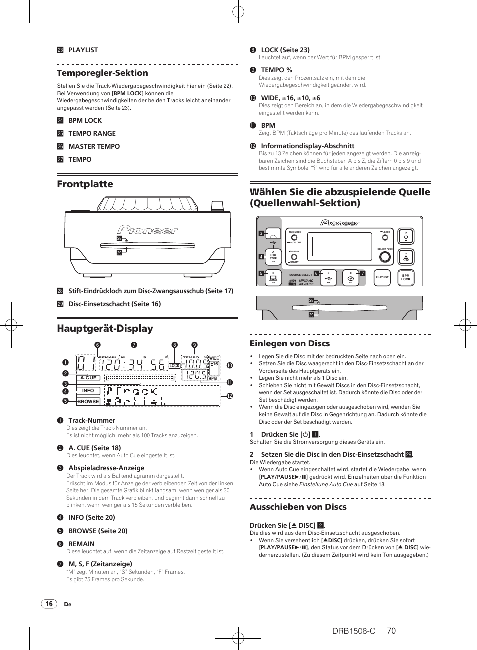 Frontplatte, Hauptgerät-display, Drb1508-c | Temporegler-sektion, Einlegen von discs, Ausschieben von discs | Pioneer CDJ-350 User Manual | Page 70 / 84