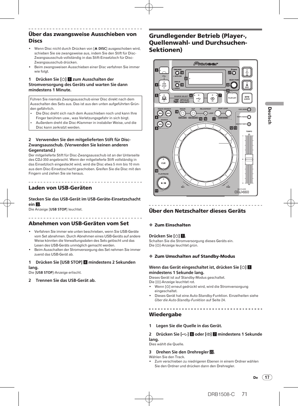 Drb1508-c, 71 70 über das zwangsweise ausschieben von discs, Laden von usb-geräten | Abnehmen von usb-geräten vom set, Über den netzschalter dieses geräts, Wiedergabe, 17 deutsch, 2 trennen sie das usb-gerät ab, Zum einschalten drücken sie [ u ] 1, 3 drehen sie den drehregler m | Pioneer CDJ-350 User Manual | Page 71 / 84