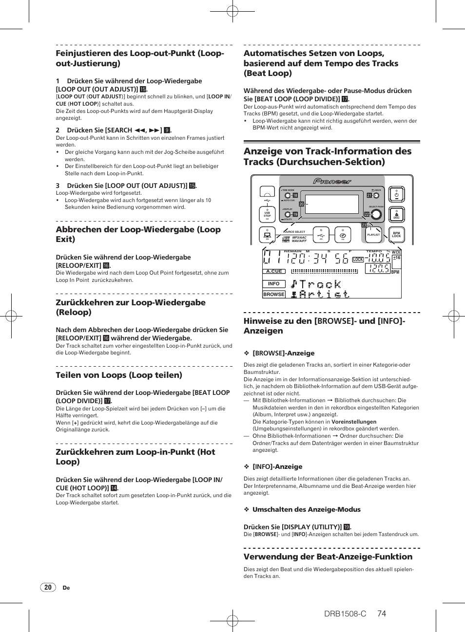Drb1508-c, Abbrechen der loop-wiedergabe (loop exit), Zurückkehren zur loop-wiedergabe (reloop) | Teilen von loops (loop teilen), Zurückkehren zum loop-in-punkt (hot loop), Hinweise zu den [browse]- und [info]- anzeigen, Verwendung der beat-anzeige-funktion | Pioneer CDJ-350 User Manual | Page 74 / 84