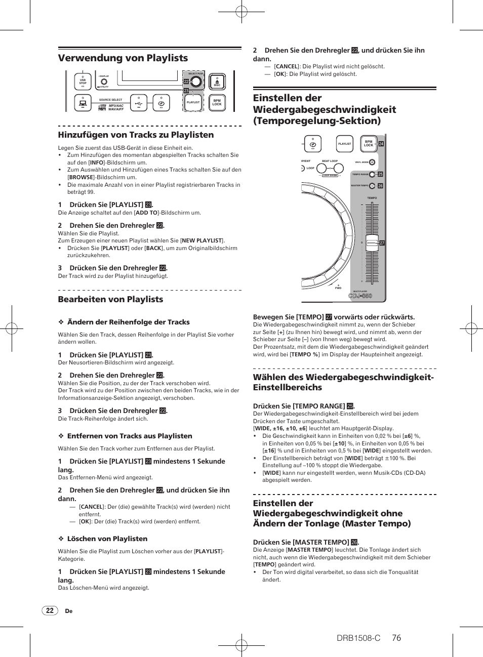 Verwendung von playlists, Drb1508-c, Hinzufügen von tracks zu playlisten | Bearbeiten von playlists | Pioneer CDJ-350 User Manual | Page 76 / 84
