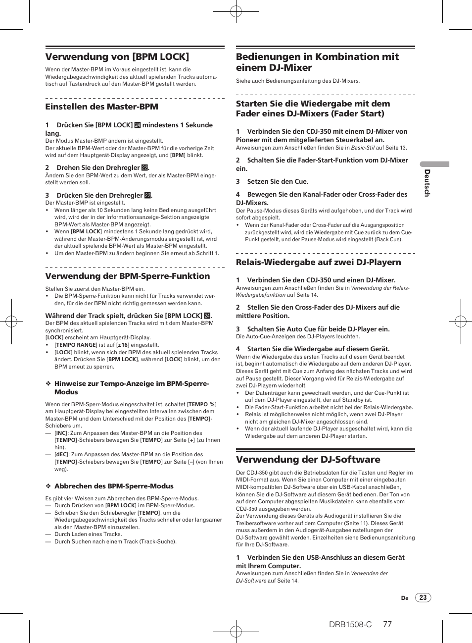 Verwendung von [bpm lock, Bedienungen in kombination mit einem dj-mixer, Verwendung der dj-software | Pioneer CDJ-350 User Manual | Page 77 / 84